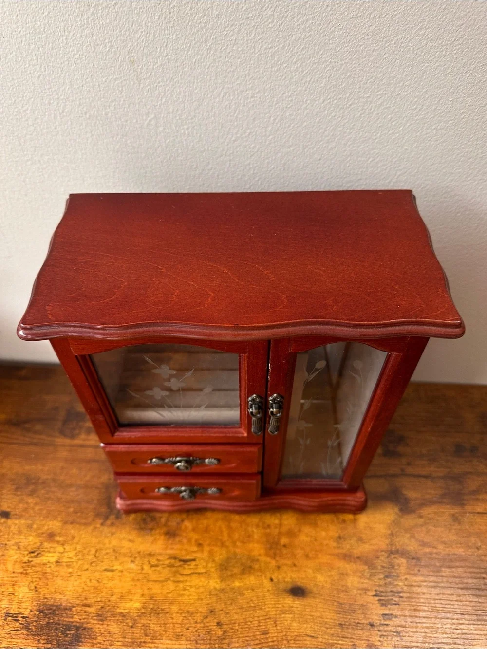 VTG Wooden Jewelry Box Armoire Etched Glass Cabinet Drawers Necklace Carousel